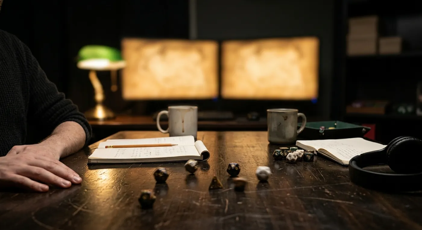 Real polyhedral dice scattered across a
        scratched wooden desk beside an open notebook and two mugs, lit by
        one lamp. A generated storyboard frame, not footage.