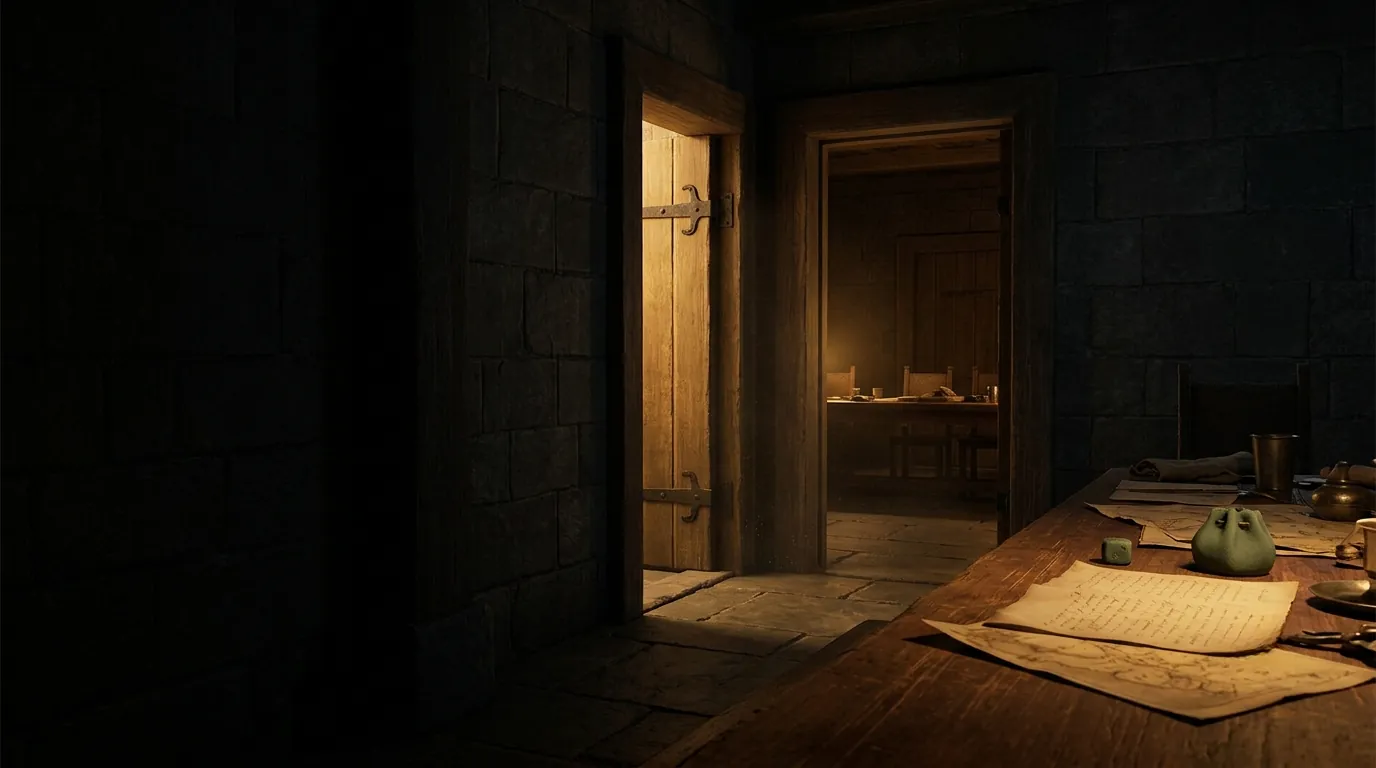 A dark doorway with warm light
  behind it, seen from the unlit side.