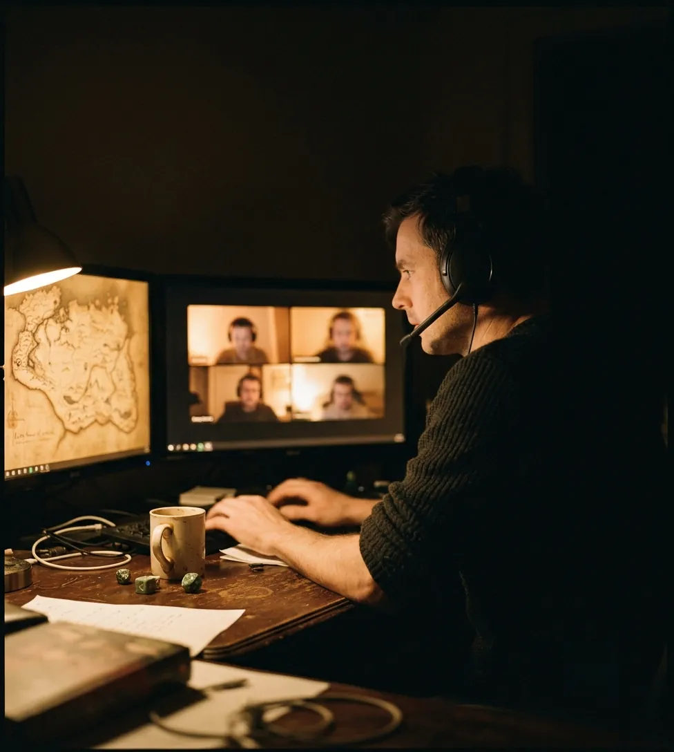 A man at a lamplit desk at night wearing a headset, turned away from the camera toward a monitor showing four players on a call. A generated concept plate, not a photograph of a real person.