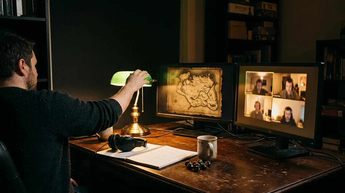 A dark room: the host reaches for a green
      desk lamp; two monitors show a parchment map and four players on a call.