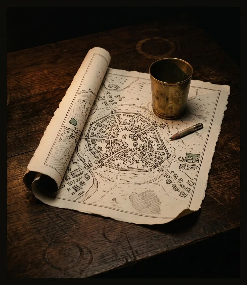 A hand-drawn fantasy town map on cream
      paper, photographed on a dark table beside a brass dice cup.